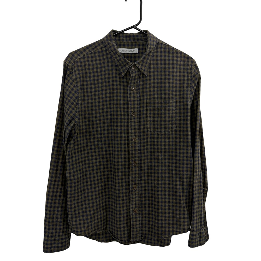 Outerknown Shirt Mens Small Olive Blue Gingham Plaid Organic Cotton Flannel